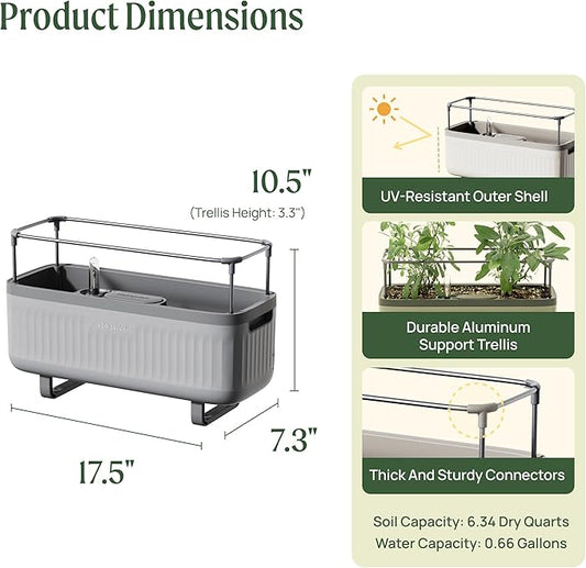 Vego garden 2 Pack Herb Indoor Plant Box, Self Watering Planters Pots for Indoor Plants with Trellis for Kitchen Window Sill or Countertop Plants Cage - Fog Gray