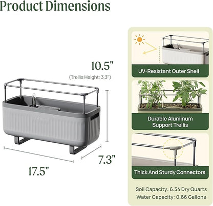 Vego Garden Herb Indoor Plant Box, Self Watering Planters Pots for Indoor Plants with Trellis for Kitchen Window Sill or Countertop Plants Cage - Fog Gray