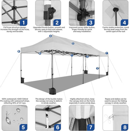 COBIZI 10x30 Pop up Canopy Heavy Duty Without Sidewalls, Easy Set-up Commercial Outdoor Party, 100% Waterproof Wedding Canopy Gazebo, 3 Height Adjustable with Wheeled Bag, White