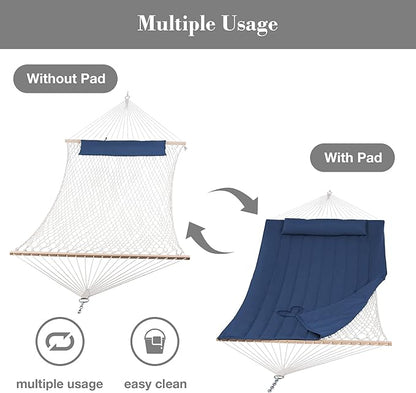 SUNCREAT Hammocks Outdoor Double Hammock with Hardwood Spreader Bar, 475 lbs Capacity, Heavy Duty 15 FT Hammock with Large Soft Pillow, Dark Blue