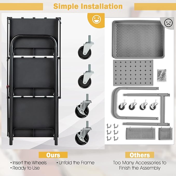 Goplus Folding Utility Cart on Wheels, 250lbs 3-Tier Rolling Tool Cart w/Lockable Casters & Compartments, Fast Fold up Collapsible Metal Service Cart for Office, Garage, Kitchen, Black