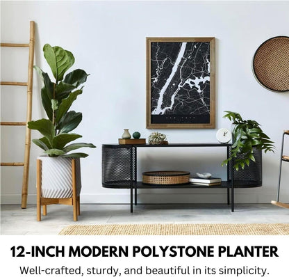 Fox & Fern Large 12 Inch Planter with Drainage Plug — Premium Polystone White Plant Pot; Modern Planter with 3D Texture and Ceramic Finish; 12 Inch Pots for Plants Indoor & Outdoor