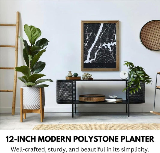 Fox & Fern Large 12 Inch Planter with Drainage Plug — Premium Polystone White Plant Pot; Modern Planter with 3D Texture and Ceramic Finish; 12 Inch Pots for Plants Indoor & Outdoor