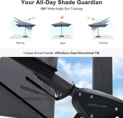 PURPLE LEAF 9.8' X 9.8' Left-right Tilting Patio Umbrella Outdoor Cantilever Swivel Square Umbrella Aluminum Offset Umbrella with 360-degree Rotation for Garden Deck Pool Patio Light Grey