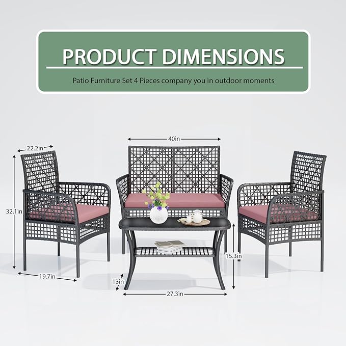 4-Piece Patio Furniture Set, Weather-Resistant Rattan Patio Conversation Set with Two-Tier Coffee Table, Upholstered Openwork Wicker Furniture for Porch, Garden, Lawn, Red