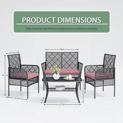 4-Piece Patio Furniture Set, Weather-Resistant Rattan Patio Conversation Set with Two-Tier Coffee Table, Upholstered Openwork Wicker Furniture for Porch, Garden, Lawn, Red