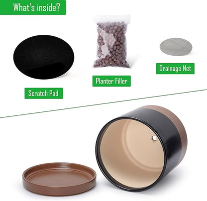 D'vine Dev 12 Inch Ceramic Planter Pot with Drainage Hole and Saucer, Indoor Cylinder Round Planter Pot, Black/Speckled Tan, 94-O-F-7