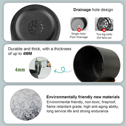 3 Pack 6/5/4 inch Cylindrical Flower Pots, Modern Small Round Plastic Plant Pots with Drainage Holes & Saucers, Clean and Refined Planter Pots for Outdoor, Indoor & Office Decor (Black Brown)