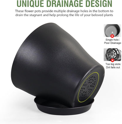 6 inch Plastic Nursery Pots, 16 Pack Plant Pots for Small Indoor Outdoor Plants, Flower Pots with Drainage Holes and Saucers, Decorative Seedling Starter Planters for House Plants, Black