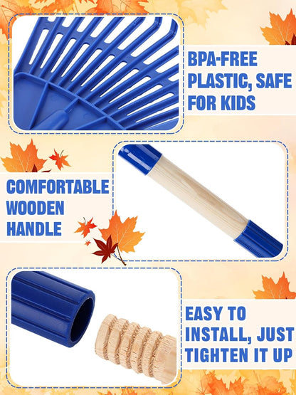 Acostop 2 Pcs Kids Rakes with Wood Handle - 34" Lightweight Plastic Garden Rake for Leaves, Safe to Use Kid Yard Tools for Boys Girls Fall Gardening Gifts (Blue)