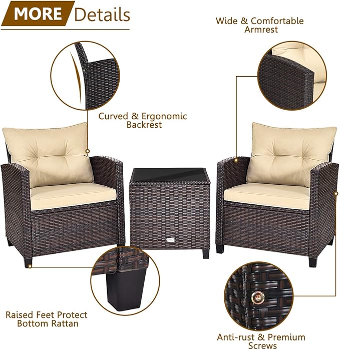 RELAX4LIFE 3 Piece Patio Furniture Set, Wicker Bistro Conversation Set w/ 2 Cushioned Armchairs & Glass Topped Table, Outdoor Rattan Sofa Set Patio Furniture for Porch Balcony Poolside (Beige)