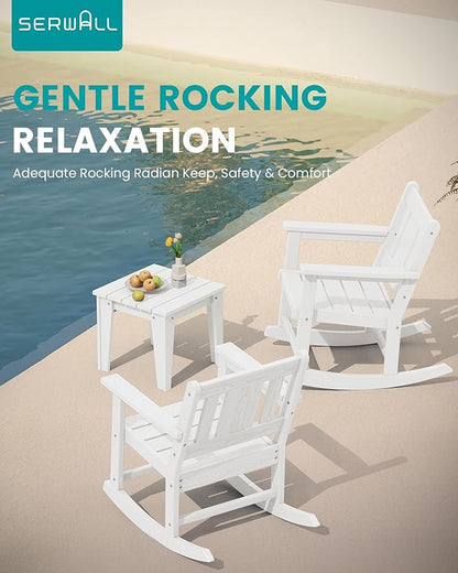 SERWALL Outdoor Rocking Bistro Set, HDPE Patio Furniture Set, Porch Rocking Chair Set with Table for Backyard, Balcony, and Garden- White