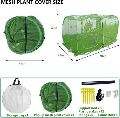 Pop Up Mesh Plant Cover 96’’x48’’x48’’, Garden Row Plant Cover for Raised Garden Bed, Plant Tent for Vegetables, Seedlings Fruits and Herbs Breathable Outdoor Lawn, Yard Use