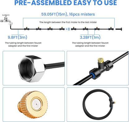 Keten 72FT Misting Cooling System, 59FT(18m)+Extra 13FT(4m) Misting Line, Misters System for Outdoor Patio Garden Greenhouse Pasture with 18 T-Joints+18 Mist Nozzles+3/4” Brass Adapter