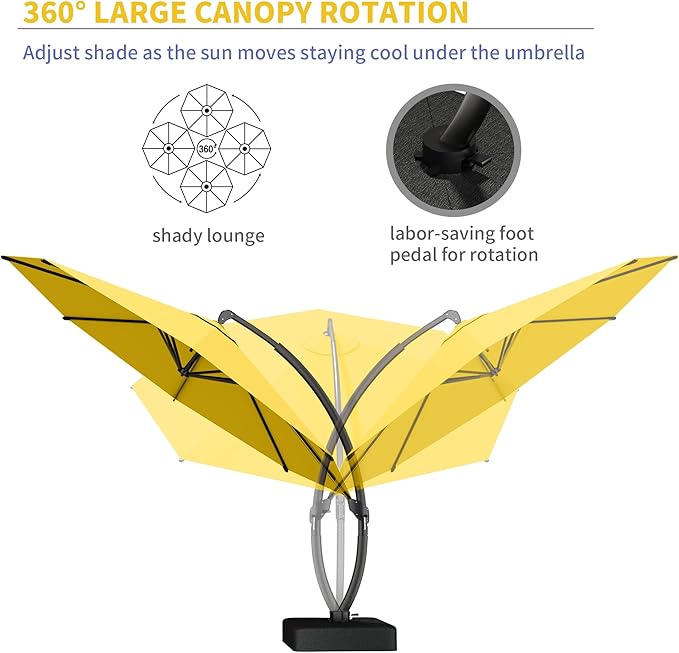 Kingdura 11ft Cantilever Patio Umbrella with Base Included, Large Round Offset Outdoor Pool Umbrella, 360° Rotation & Infinite Tilt, Heavy Duty Aluminum Frame for Deck Backyard, Yellow
