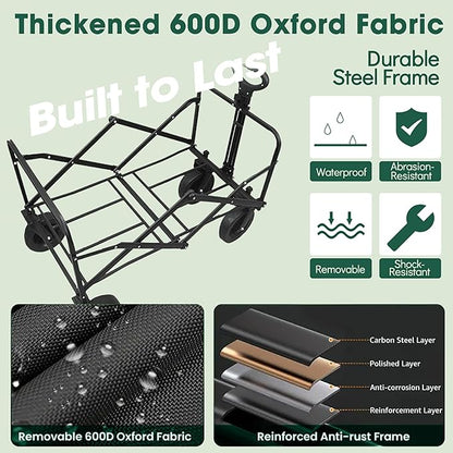 Collapsible Wagon with Wheels, 370lbs Weight Capacity Foldable Beach Wagon with Flexible Handle Portable Utility Wagon Cart for Outdoor, Grocery, Garden, Camping