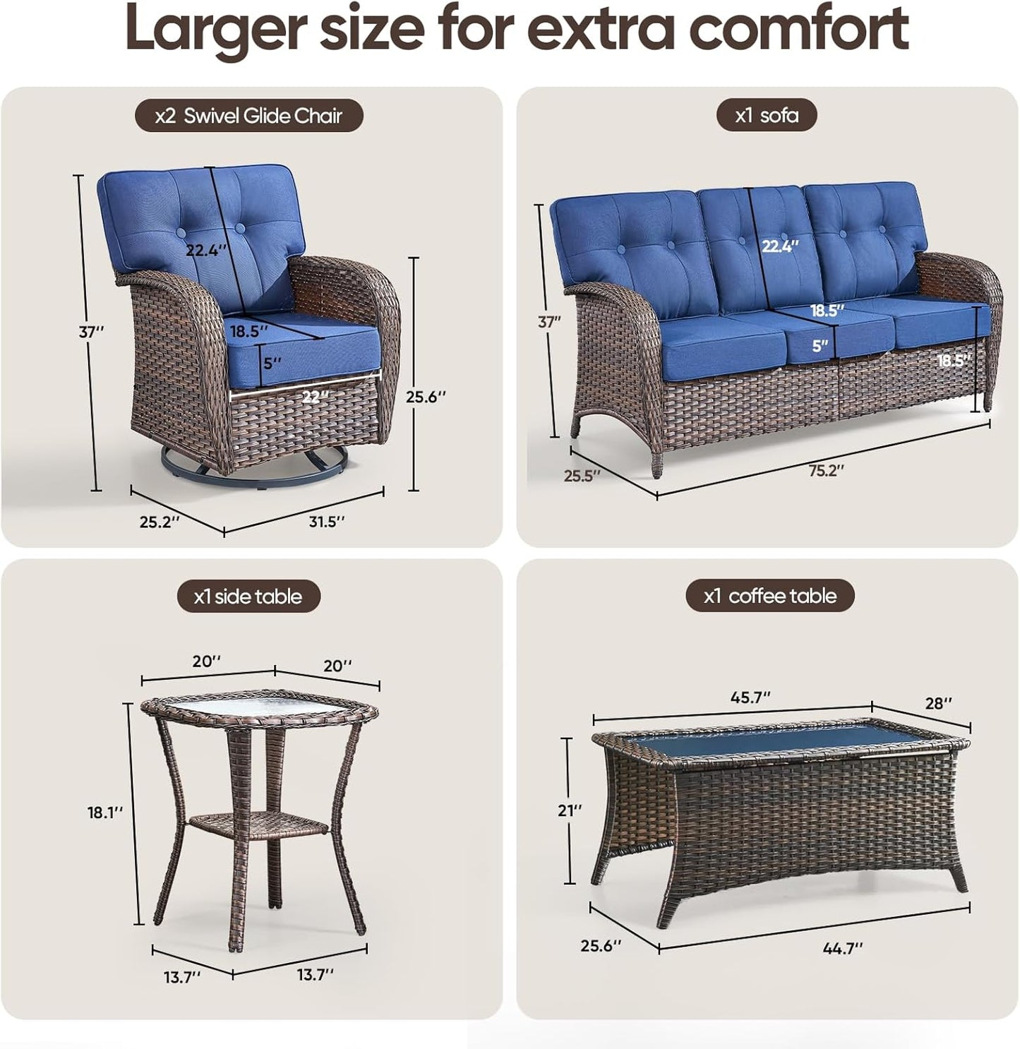 5-Piece Rotating Balcony Chair Set with 31-inch T-Shaped Wide backrest - Rattan Outdoor Rotating Balcony Chairs, Wide backrest Comfortable Outdoor Sliding Chair - Brown | Blue