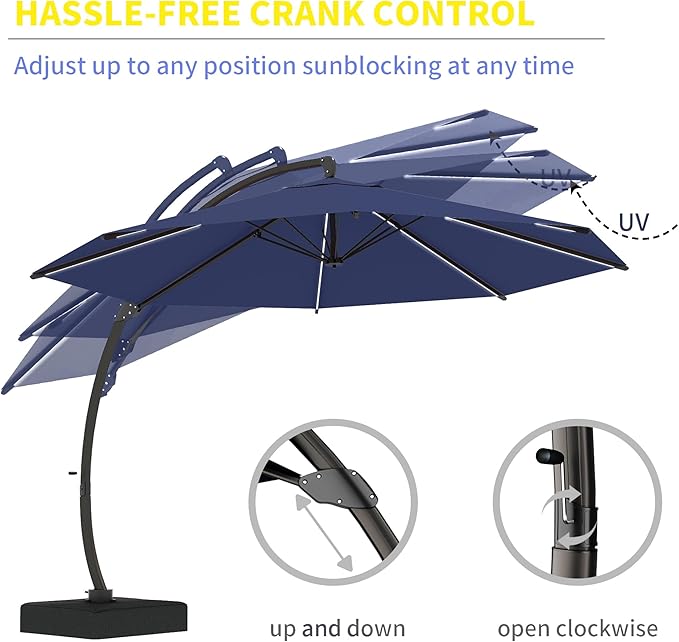 Kingdura 11ft Offset Cantilever Patio Umbrella with Solar Lights, Large Round Outdoor Umbrella with Base Included, Aluminum Frame, 360° Rotation & Infinite Tilt for Deck Pool Backyard, Dark blue