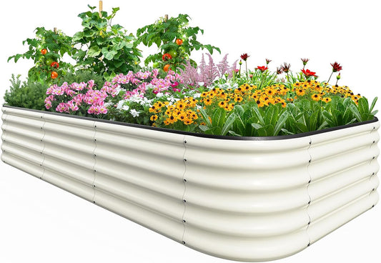 Quictent Raised Garden Bed Kit Oval Galvanized Metal Planter Box Tall for Vegetables Outdoor Backyard, Rubber Strip Edging Included, Beige 8x4x1.5 ft