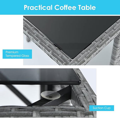 HAPPYGRILL 3 Pieces Outdoor Wicker Bistro Set Space-Saving PE Rattan Dining Table Set with Cushioned Chairs, Patio Conversation Set for Backyard Porch Garden and Poolside