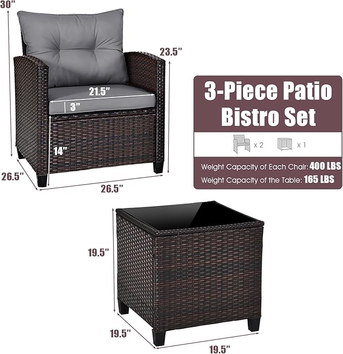 KOTEK 3 Piece Patio Furniture Set, Outdoor Conversation Set with Washable Cushions & Tempered Glass Tabletop, PE Rattan Wicker Bistro Set for Porch, Garden, Balcony (Grey)