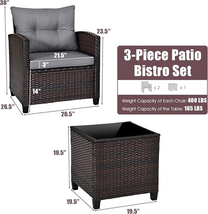 KOTEK 3 Piece Patio Furniture Set, Outdoor Conversation Set with Washable Cushions & Tempered Glass Tabletop, PE Rattan Wicker Bistro Set for Porch, Garden, Balcony (Grey)