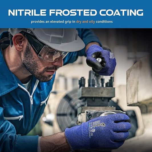 ANDANDA Cut Resistant Gloves Level 5, 3D Comfort Stretch Fit, Nitrile Sandy Finish Coated Work Gloves with Power Grip, Ideal for Handling Glass, Sharp Metal, Blue, Large, 1 Pair