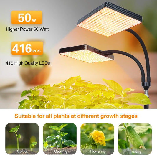 2-Head Grow Light with Stand 50W, FECiDA 2025 Grow Lights for Indoor Plants, Full Spectrum LED Plant Grow Light for Houseplants, Bonsai Tree, 4,8,12,16 Hr Timer and 360° Gooseneck
