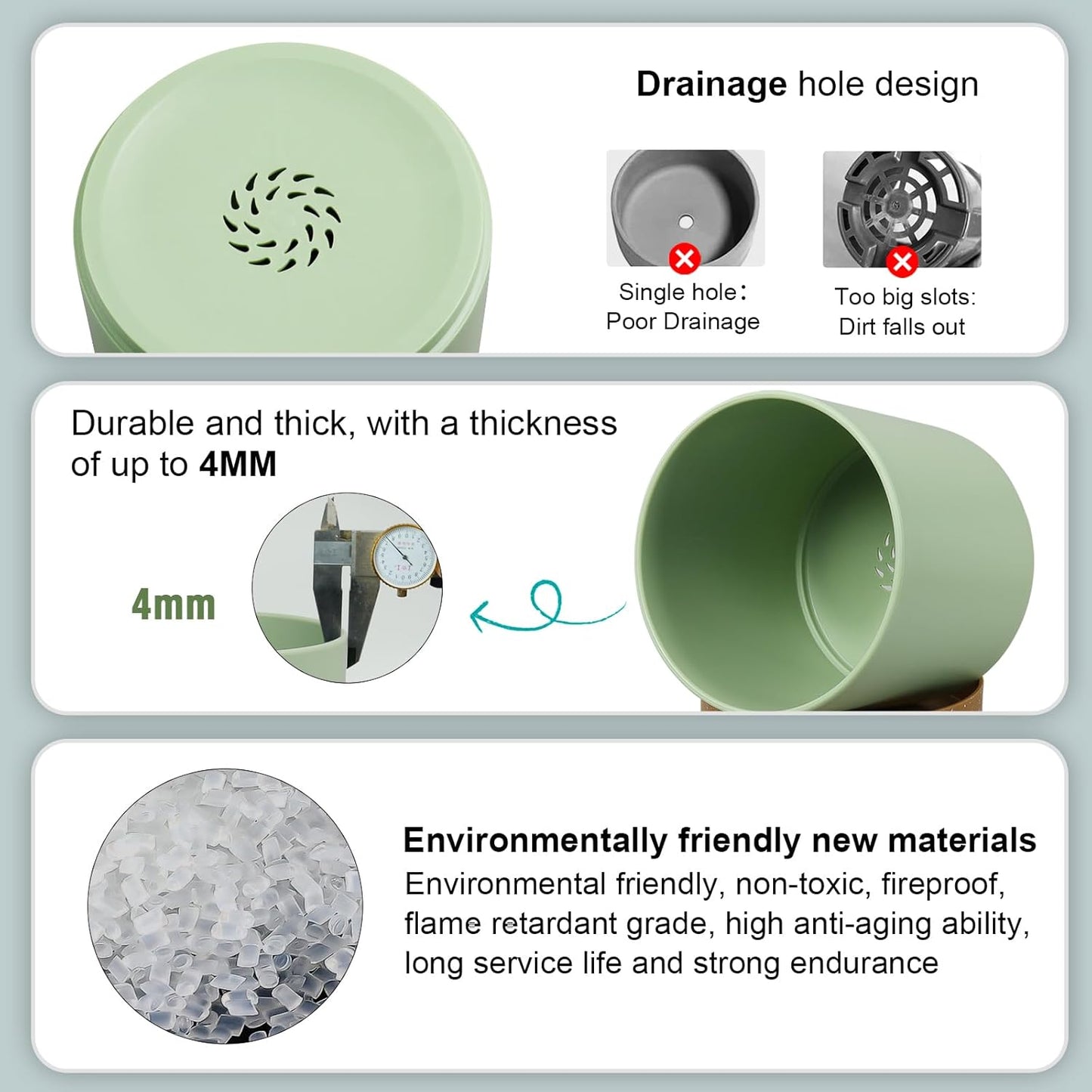 5 Pack Cylindrical Flower Pots with 7/6.5/6/5/4 inch, Modern Small Plastic Plant Pots with Drainage Holes & Saucers, Round Planter Pots for Outdoor, Indoor & Office Decor (Green Brown)