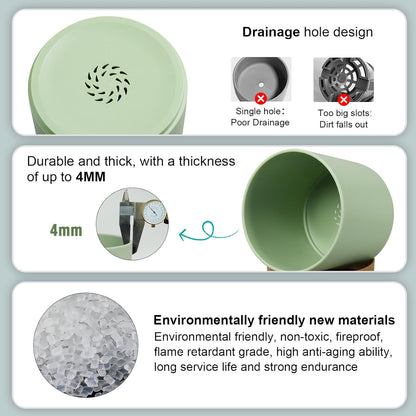 3 Pack 6/5/4 inch Cylindrical Flower Pots, Modern Small Round Plastic Plant Pots with Drainage Holes & Saucers, Clean and Refined Planter Pots for Outdoor, Indoor & Office Decor (Green Brown)