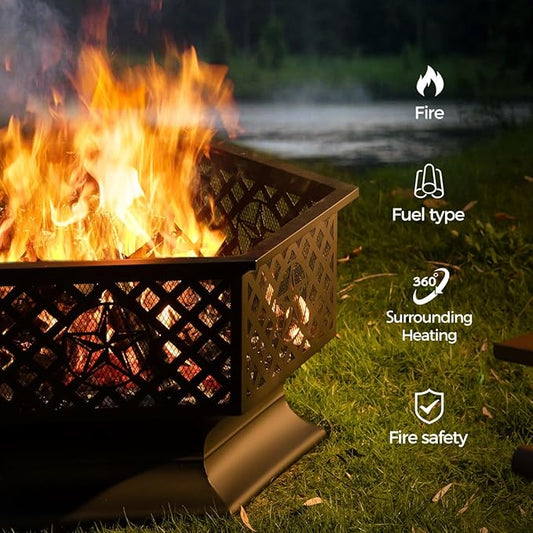 33 Inch Outdoor Fire Pit, Hexagon Shaped Wood Burning Fire pits for Outside, Metal Firepit with Fire Poker&Mesh Cover for Bonfire, Patio, Yard, Garden,Beach and Camping (33'' Black)