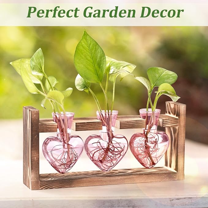 Lifecapido Heart Shaped Propagation Stations, Plant Terrarium with Wooden Stand, Plant Propagation Station for Hydroponics Plants Office Garden Home Decor, Gifts for Women Plant Lover (3 Vases, Pink)
