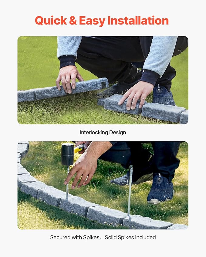 VEVOR Faux Stone Landscape Edging, No Dig Garden Edging Border, Flexible Blocks for Lawn Edging, Flower Beds, Driveway, Yards with 12 Spikes, 4 Pack 24 Bricks 16FT Kit, 46.5" Lx 3.7" W x 2.2" H, Grey