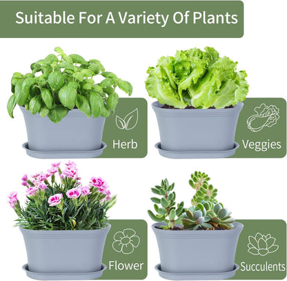 Windowsill Herb Garden Planter with Tray, Set of 6 Grey Oval Farmhouse Garden Pots for Indoor/Outdoor Plants (No Seeds)