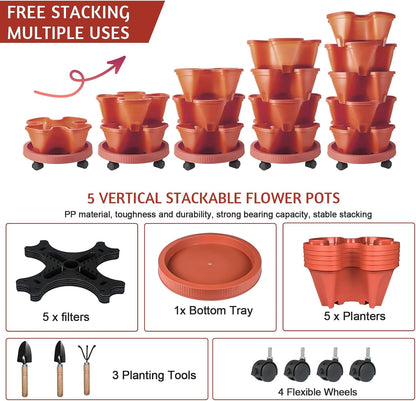 Vertical Strawberry Planter-5 Tier Stackable Herb Tower Planters Stacking Garden Planters Pot Outdoor with Tools Removable Wheels for Growing Flowers, Vegetables and Succulents