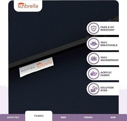 Midtown Umbrellas Sunbrella Umbrella 9 Feet Outdoor Umbrella With Canvas Navy Acrylic Fabric - Auto-Tilt Aluminum Frame Patio Umbrella For Backyard, Deck, Garden, Pool - Black Pole