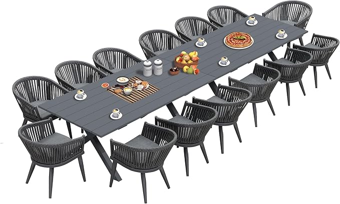 PURPLE LEAF 16 Pieces Outdoor Dining Set with Patio Aluminium Dining Table and Wicker Chairs Modern Furniture Cushions Sets for Backyard Indoor Decor Kitchen Gray