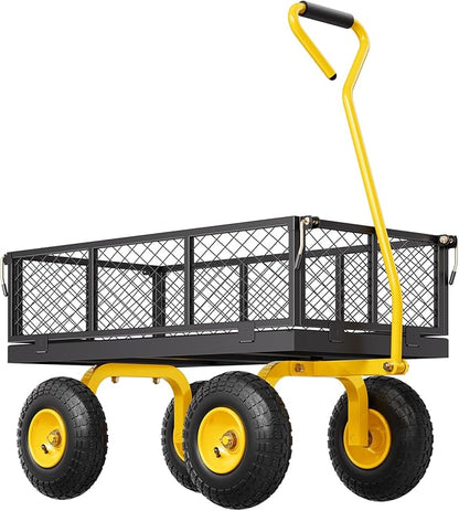VEVOR 500 Lbs Steel Garden Cart, Heavy Duty Garden Wagon Cart Pullable on Wheels, Metal Yard Utility Wagon Carts with 10" All Terrain Tires, Mesh Removable Sides and 180°Rotating Handle