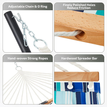 Two Person Hammock with Stand Heavy Duty, Outdoor Patio Hammock with Portable Steel Stand, Large Double Hammocks,480lbs Capacity.(Blue Stripes)