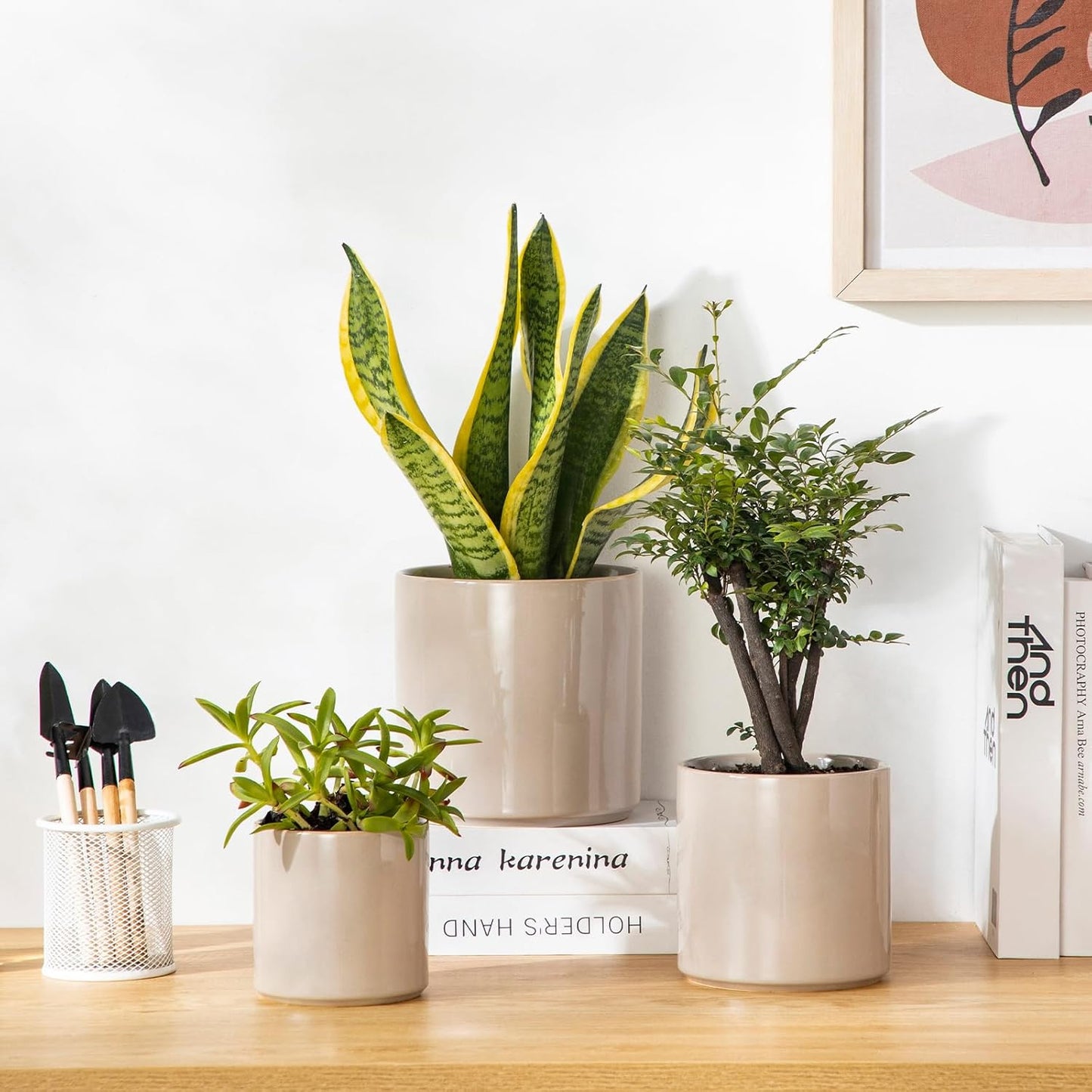 vancasso Ceramic Plant Pots, 4.25+5.25+6.25 Inch Planter Pot with Drainage Hole, Flower Pots for Indoor Outdoor Plants, Set of 3, Grey