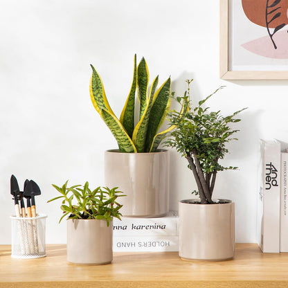 vancasso Ceramic Plant Pots, 4.25+5.25+6.25 Inch Planter Pot with Drainage Hole, Flower Pots for Indoor Outdoor Plants, Set of 3, Grey