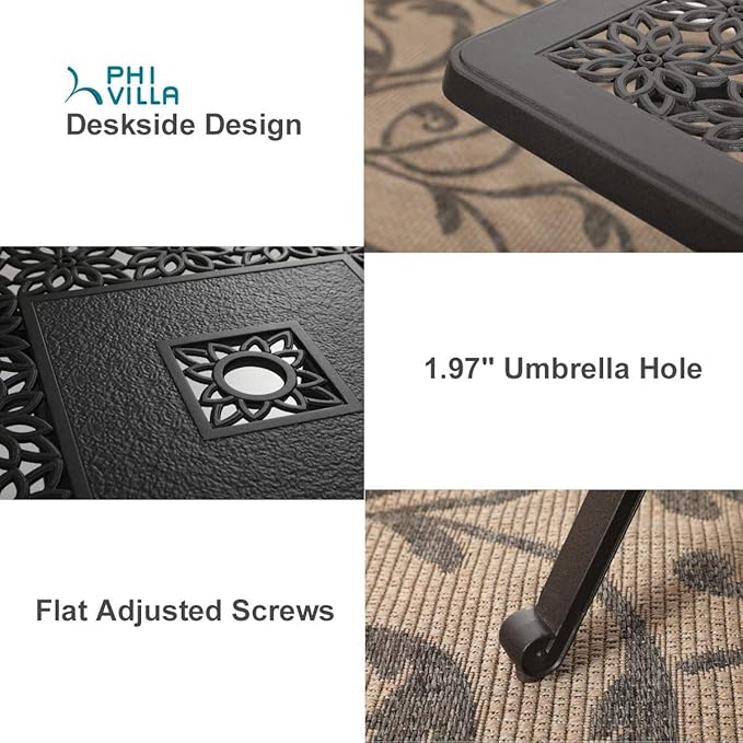 PHI VILLA 3 Pcs Cast Aluminum Patio Bistro Set, 2 Extra Wide Swivel Chairs with Cushion & 1 Square Bistro Dining Table with Umbrella Hole