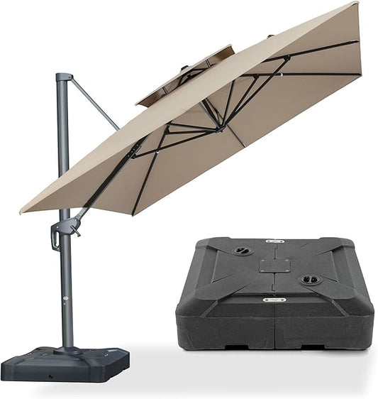 PURPLE LEAF 10' x 13' Cantilever Patio Umbrella Outdoor Umbrella with 330lbs Base Large Rectangular Windproof Offset Umbrella for Pool Deck Garden, Sand Dune