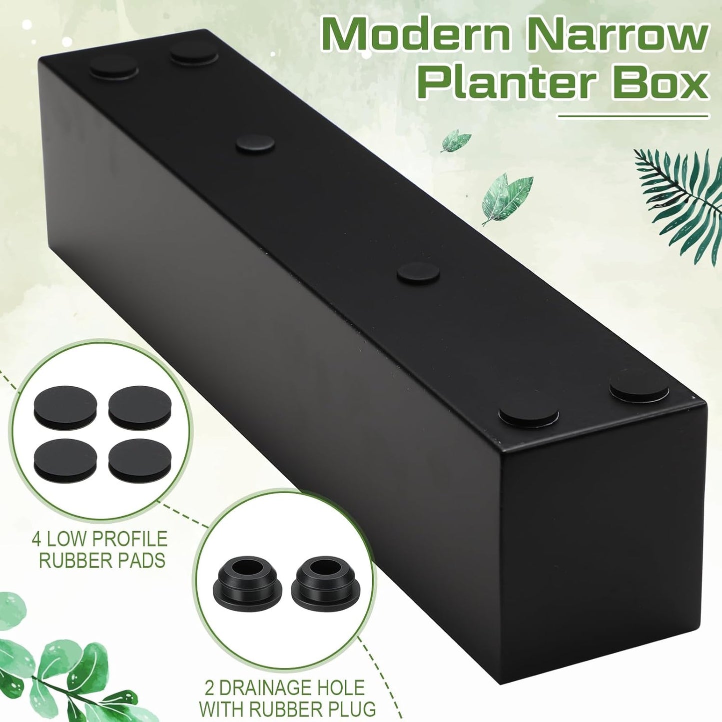 16.1 x 3.2 x 3.5 Inch Long Rectangular Planter Box Window Sill Plant Box Metal Water Trough Indoor Large Modern Steel with Drainage Holes Herb Garden Home(Black)