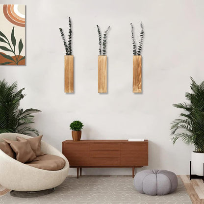 Wooden Wall Planter Set of 3 - Modern Home Decor for Living Room, Bedroom, Bathroom - Brown Finish Planter for Dried Flowers, Faux Greenery, Indoor Plants