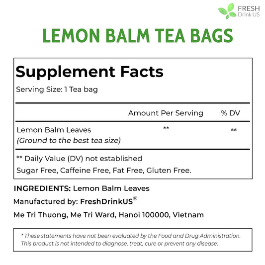 FreshDrinkUS, Premium 120 Lemon Balm Leaf Tea Bags, 100% Natural & Pure from Lemon Balm Leaves. Loose Leaf Lemon Balm Herbal Tea. Lemon Balm Leaf Tea. No Sugar, No Caffeine, No Gluten, Vegan. Lemon Balm Tea