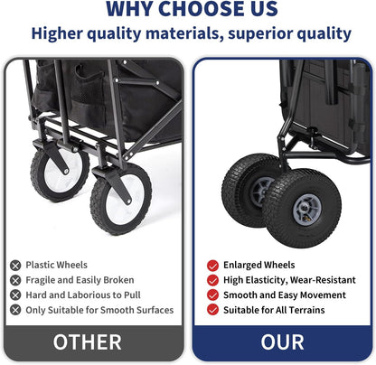 Polar Aurora Fishing Cart Beach Cart Collapsible Wagon w/11'' All-Terrain Wheels for Sand, Heavy Duty Garden Cart with Rod Holders,Umbrella Holder and Storage Pockets, 550lb Large Capacity