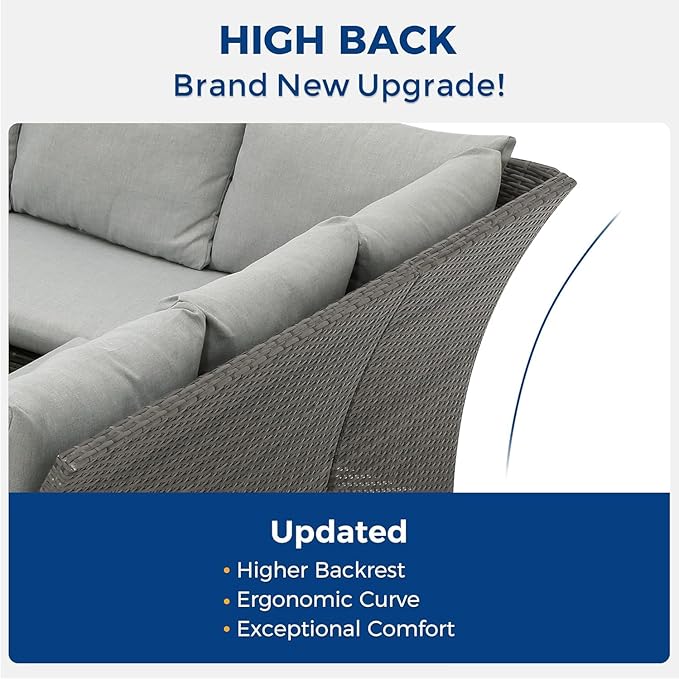 Wisteria Lane Patio Furniture Set, 7 Piece High Curved Back Outdoor Dining Sectional Sofa with Dining Table and Chair, All Weather Wicker Conversation Set with Ottoman, Grey