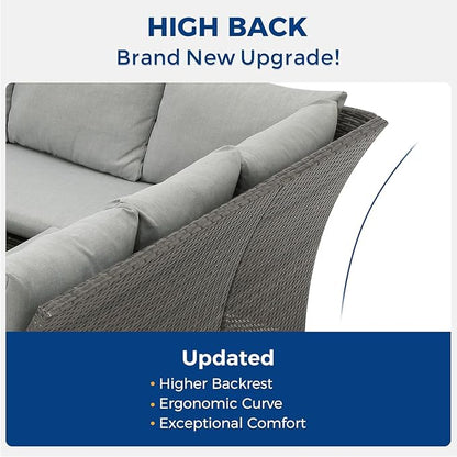 Wisteria Lane Patio Furniture Set, 7 Piece High Curved Back Outdoor Dining Sectional Sofa with Dining Table and Chair, All Weather Wicker Conversation Set with Ottoman, Grey