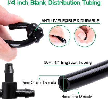 MIXC 1/4-inch Mist Irrigation Kits Accessories Plant Watering System with 50ft 1/4” Blank Distribution Tubing Hose, 20pcs Misters, 39pcs Barbed Fittings, Support Stakes, Quick Adapter, Model: GG0B